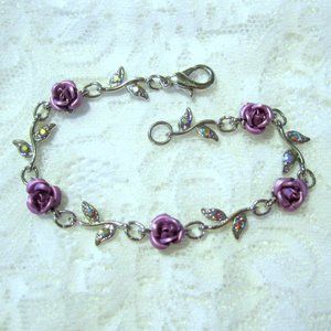Purple Rose Bracelet Flower~Made with Swarovski AB Crystals~VINTAGE